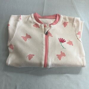 Tuffy Baby Onesie with Pink Accents and embroidered flower on left chest